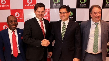 (L-R) Mr. Solomon Ogufure, Executive Director of Commercial, Vodacom Business Nigeria, Mr. Guy Clarke, Managing Director, Vodacom Business Nigeria, Mr. Matthew Willsher, Chief Executive Officer,  Etisalat Nigeria, and Mr. Francesco Angelone, Chief Marketing Officer, Etisalat Nigeria, during the announcement of a partnership by the companies in Lagos yesterday
